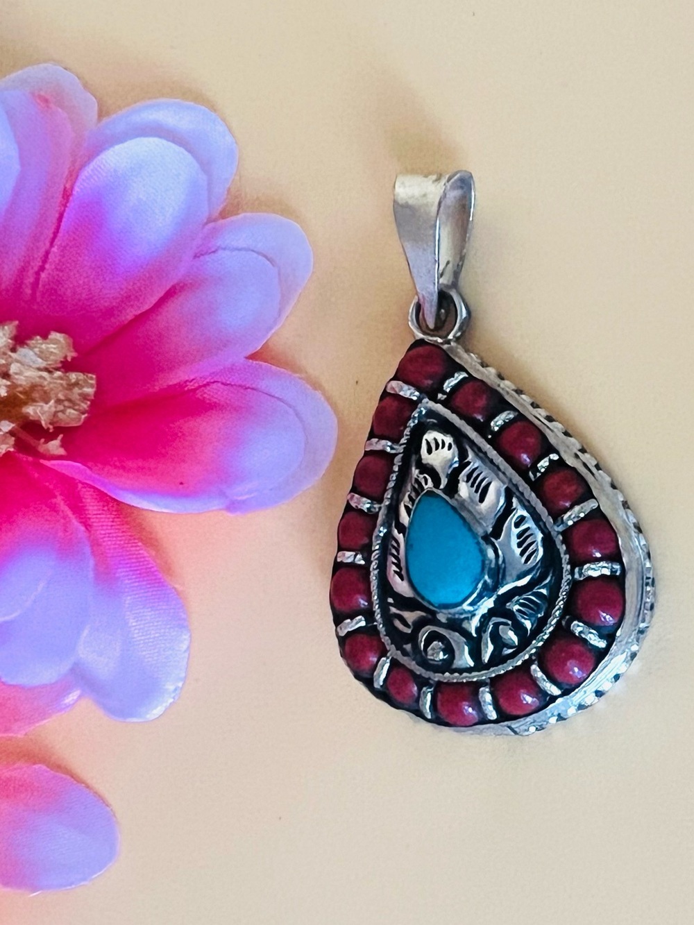 Blue Turquoise Coral Tibetan Nepalese Hanmade Vintage water drop  Pendant only